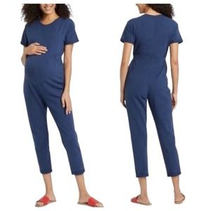 NEW The Nines by Hatch Maternity Jumpsuit Blue Cotton French Terry Short SlvSz S